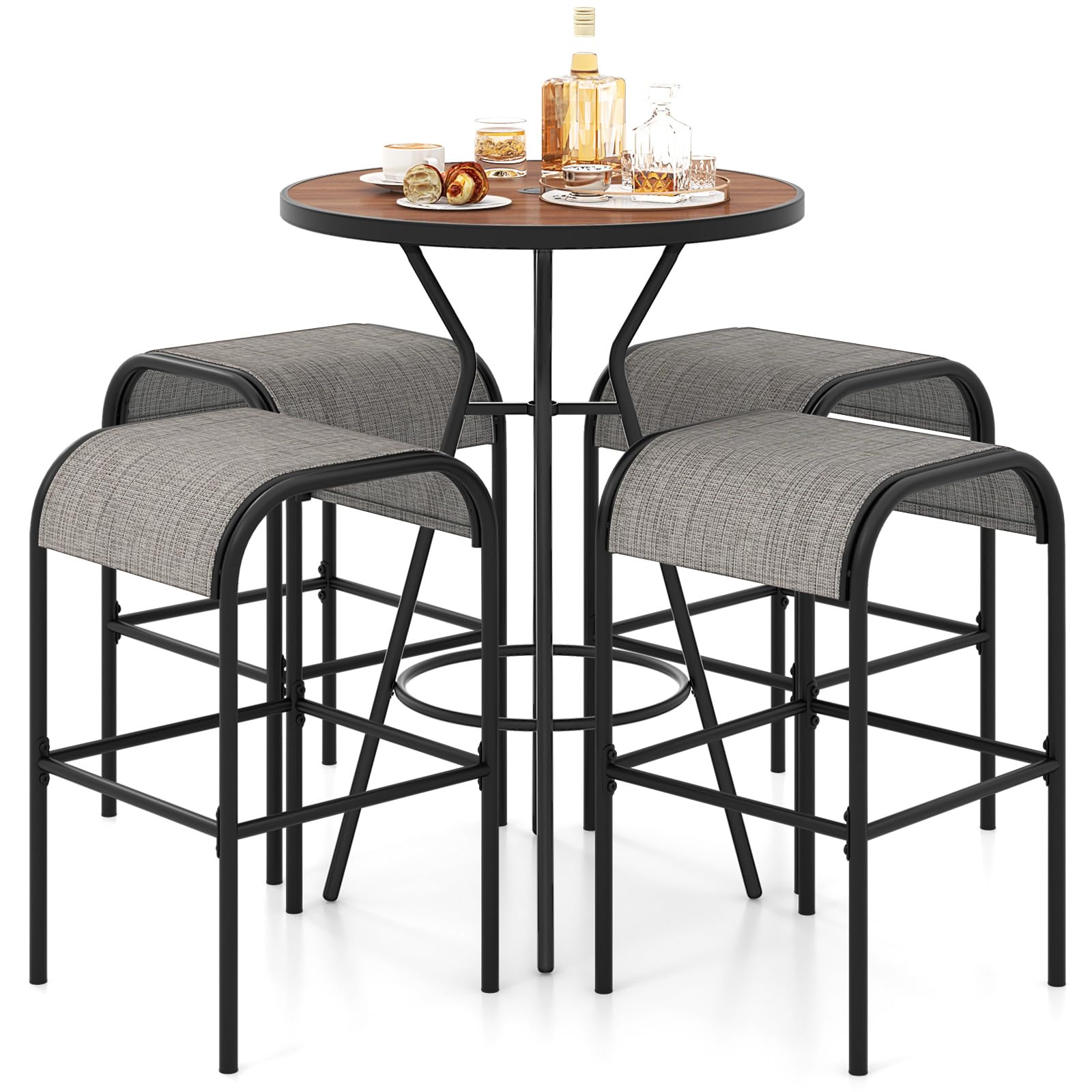 Tangkula Ensemble de table de bar d'extérieur 5 pièces, table de bar ronde de 71 cm avec 4 tabourets de bar